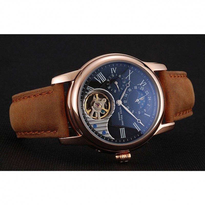 Best Replica Watches Patek Philippe Grand Complications GMT Moonphase Tourbillon Black Dial Rose Gold Case Brown Suede Leather Strap 1453821-4