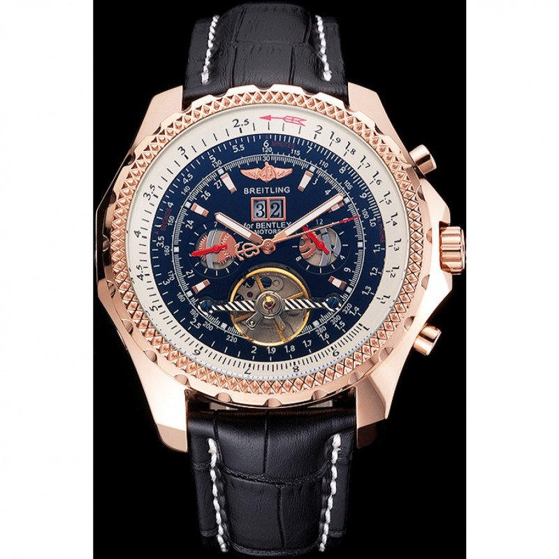 Best Breitling For Bentley Mulliner Tourbillon Black Dial Rose Gold Case Black Leather Strap-0