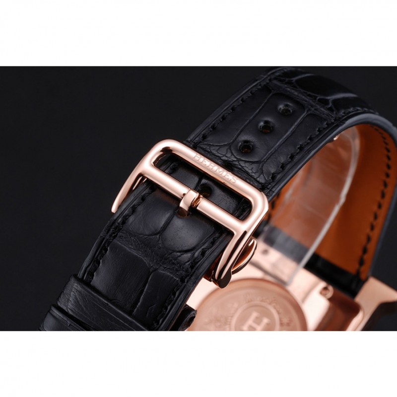Hermes Heure H White Dial Gold Case Black Leather Strap-5