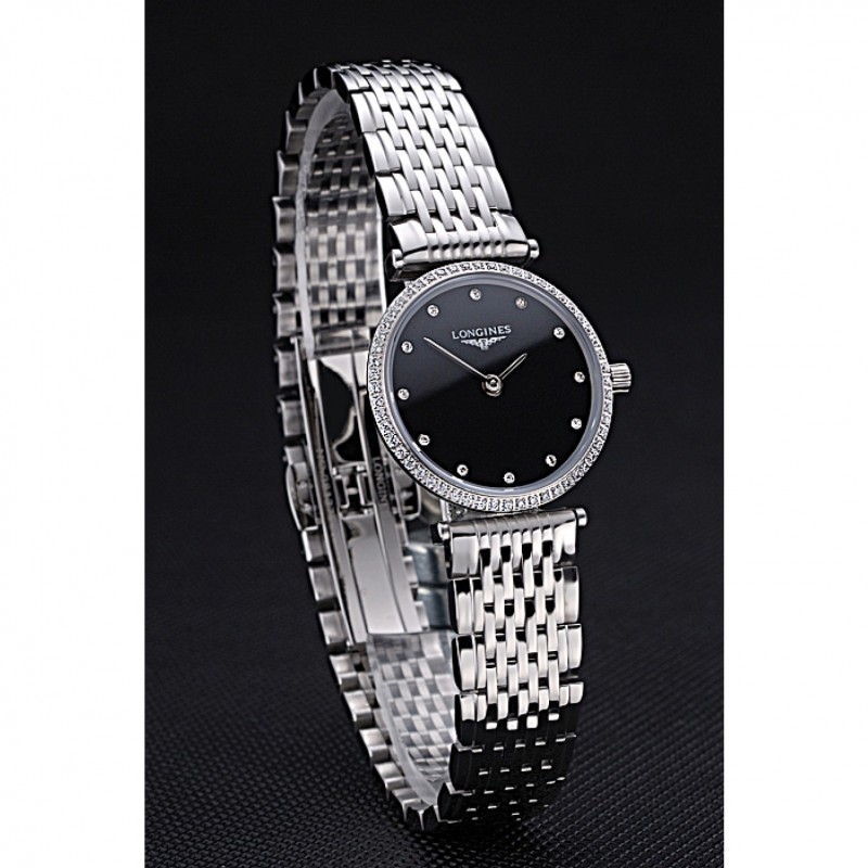 Longines La Grande Classique Stainless Steel Black Dial Diamond Bezel Femme 622108-2