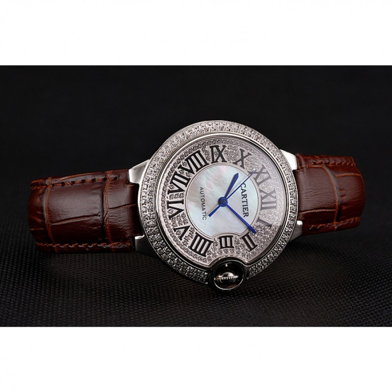 High End Replica Watches Swiss Cartier Ballon Bleu 46 MM Diamond Dial Diamond Case Brown Leather Bracelet 1453895-2