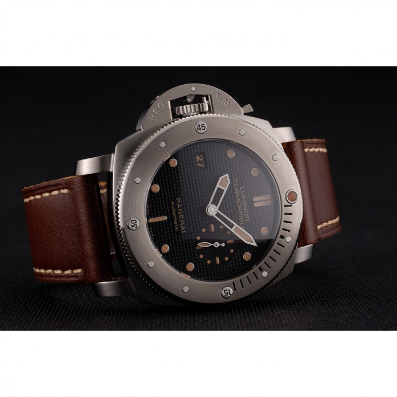 High End Swiss Panerai Submersible Left Handed Black Embossed Case Stainless Steel Case Brown Leather Strap-4