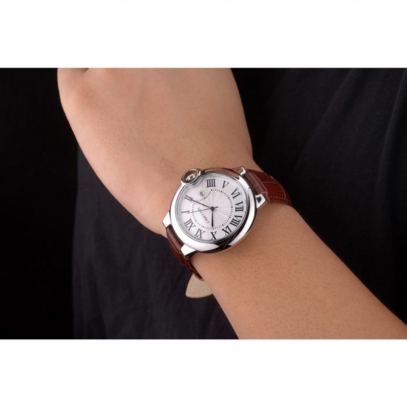 SS Replica Watches Cartier Ballon Bleu 42mm White Dial Stainless Steel Case Brown Leather Bracelet-4