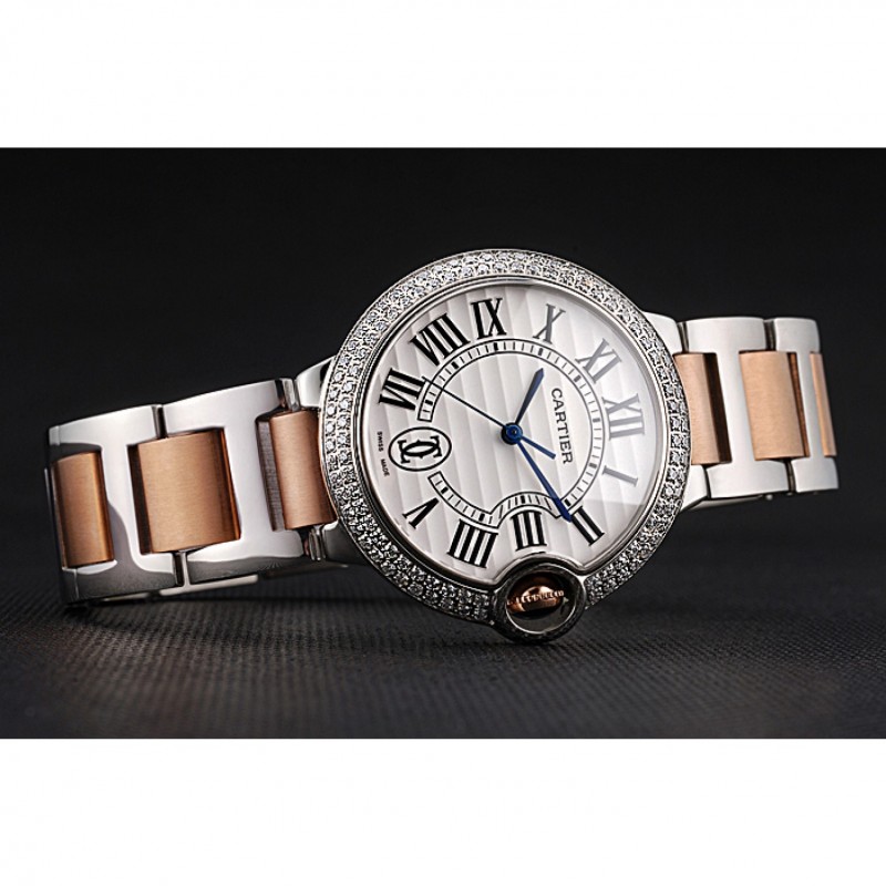 Swiss Ballon Blue De Cartier Diamond Steel Case White Dial Roman Numerals Two Tone Bracelet 622647-2