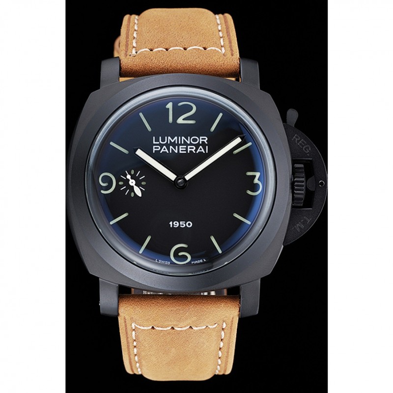 Panerai Luminor Black Ionized Stainless Steel Case Black Dial Brown Suede Leather Strap-1