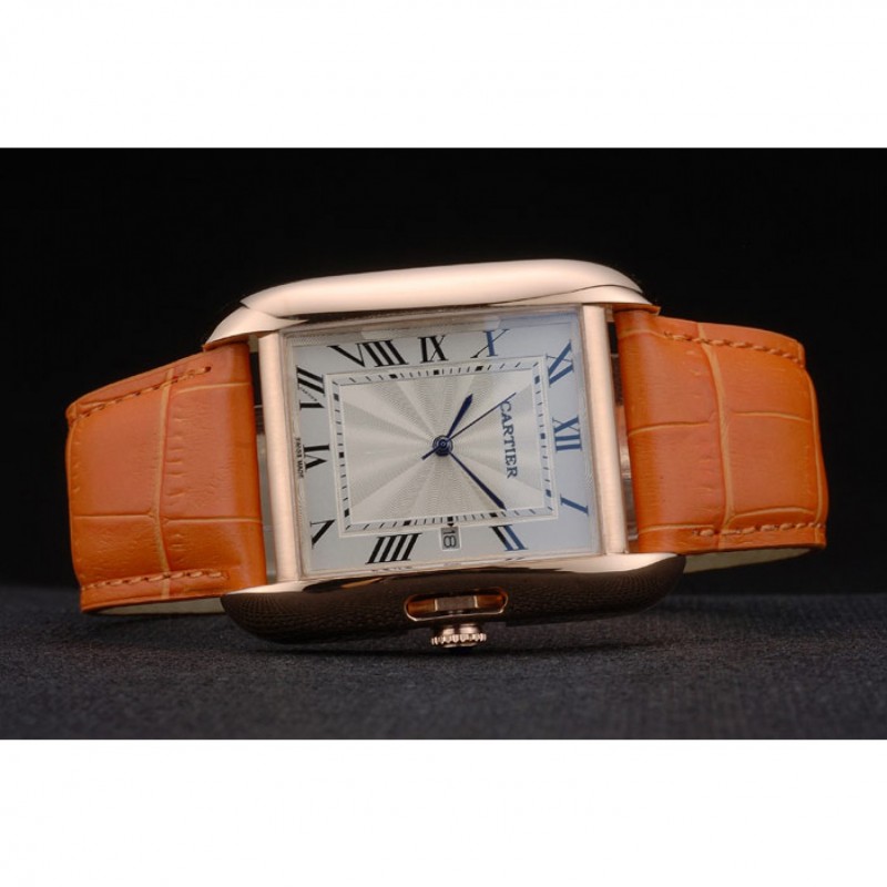 SS Cartier Tank Anglaise 36mm White Dial Gold Case Orange Leather Bracelet-3