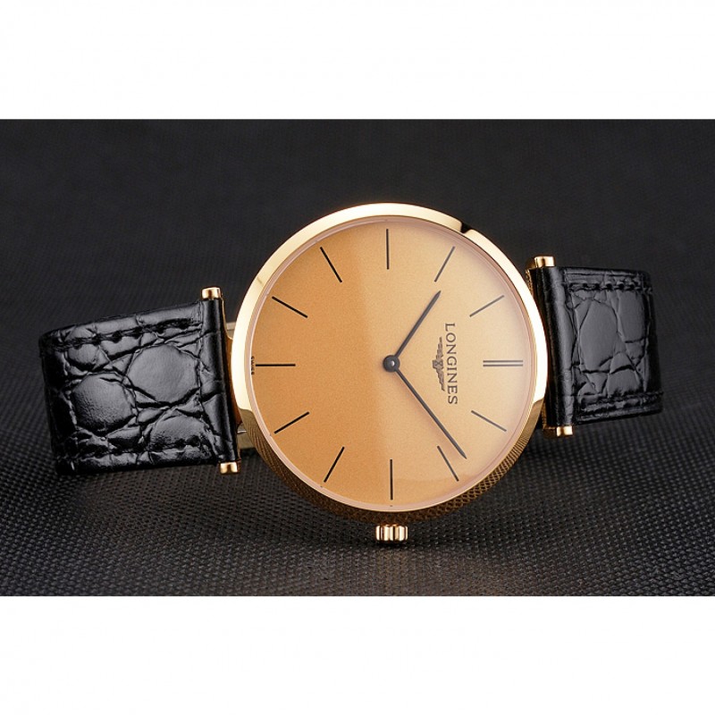 AAA Swiss Longines Grande Classique Gold Dial Gold Case Black Leather Strap-3