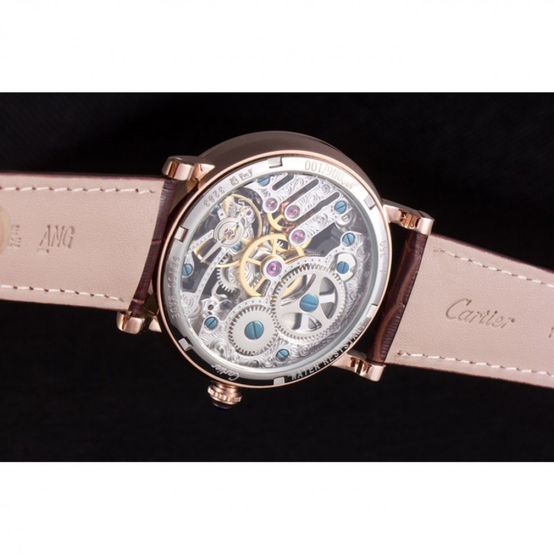 Luxury Cartier Luxury Skeleton Watch with Rose Gold Bezel and Brown Leather Band 621557-8
