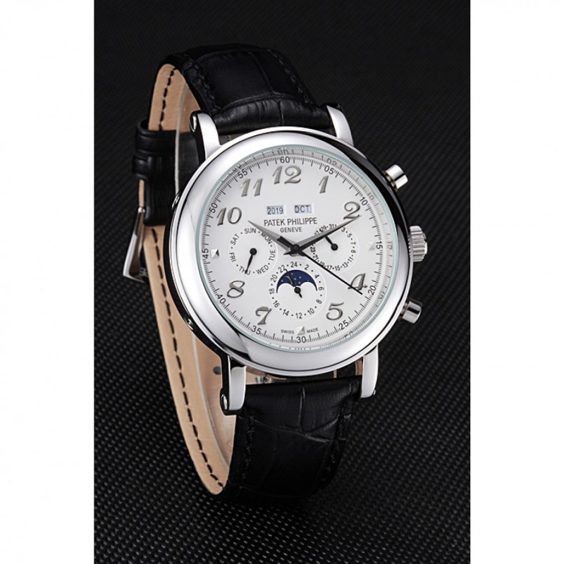 Patek Philippe Grand Complications Moon Phase White Dial Black Leather Bracelet-2