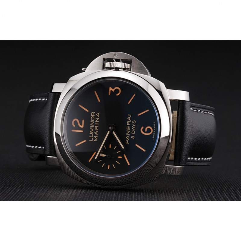 High Quality Panerai Luminor Marina 8 Days Black Dial Stainless Steel Case Black Leather Strap-3