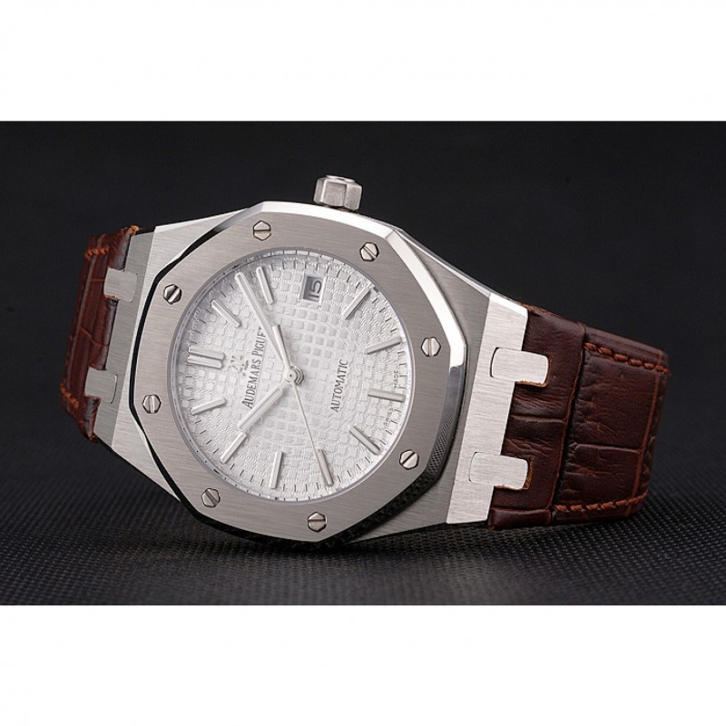 Swiss Audemars Piguet Royal Oak White Dial Stainless Steel Case Brown Leather Strap-3