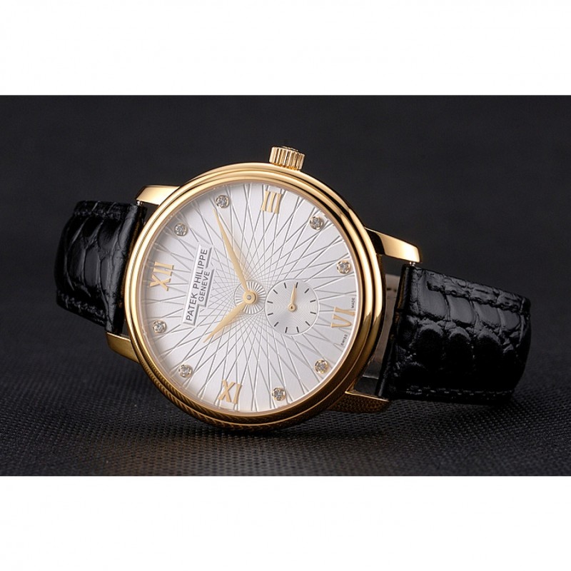 Patek Philippe Calatrava White Embossed Dial Gold Case Black Leather Strap-4