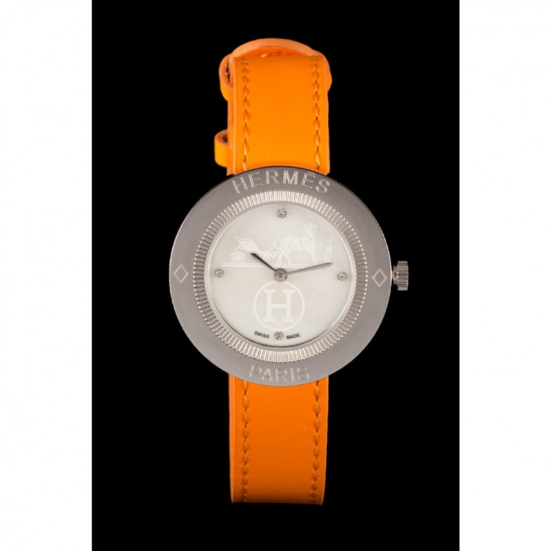 Hermes Classic MOP Dial Orange Leather Bracelet 801390-2