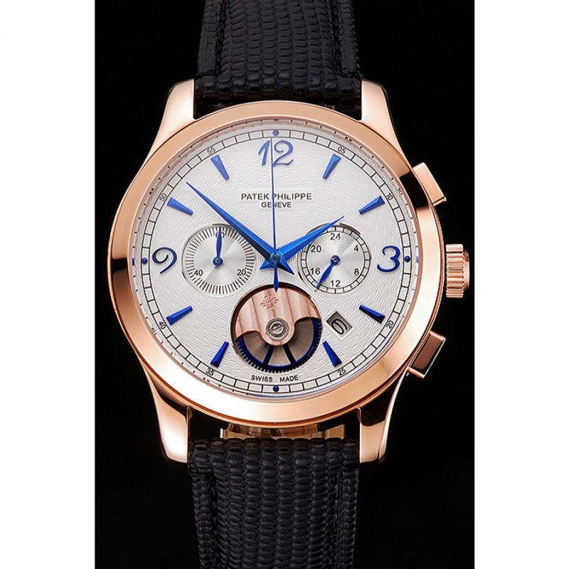 Patek Philippe Chronograph White Guilloche Dial Rose Gold Case Black Leather Strap-1