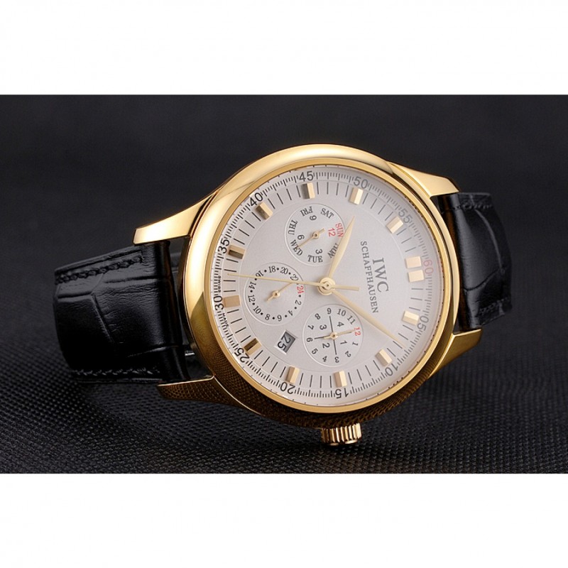 Luxury Replica Watches Swiss IWC Portugieser Perpetual Calendar White Dial Gold Case Black Leather Strap-3