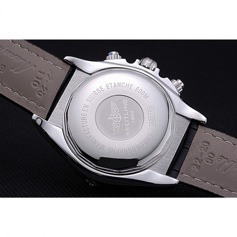 High Quality Breitling Chronomat 44 Black Dial with White Subdials Black Leather Bracelet 622511-8