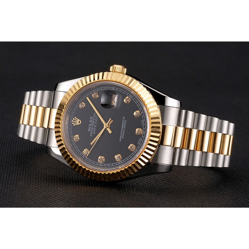 Swiss Rolex Datejust Black Dial Stainless Steel Case Gold Bezel Two Tone Bracelet-4