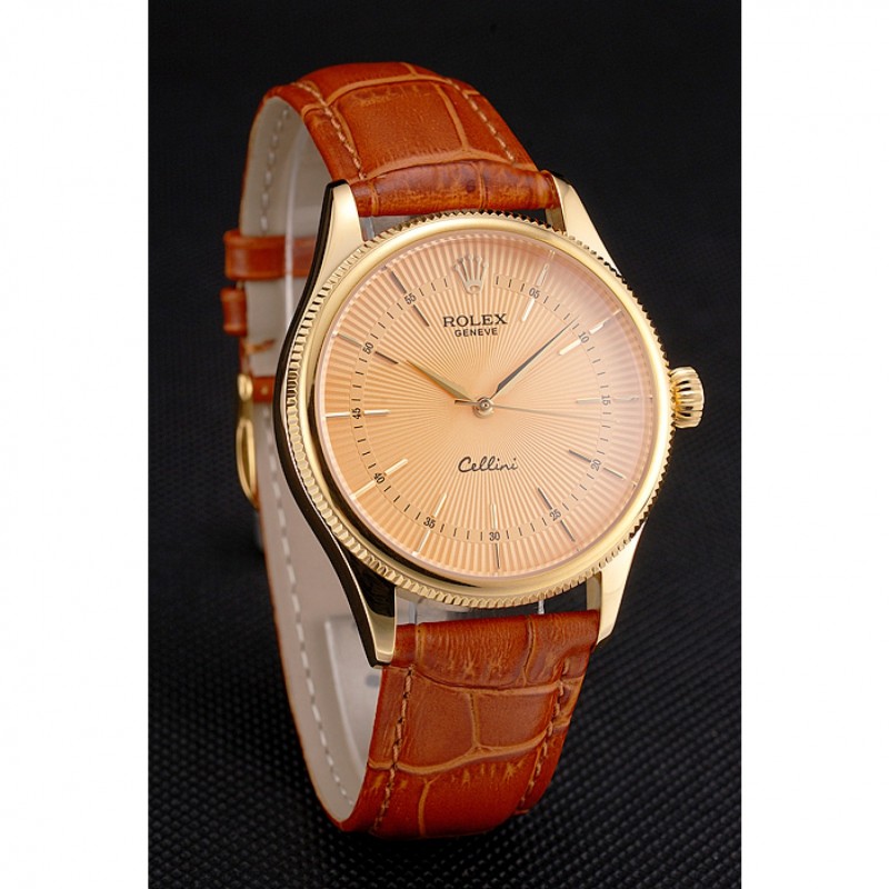 Swiss Rolex Cellini Gold Dial And Markings Gold Case Light Brown Leather Strap-2