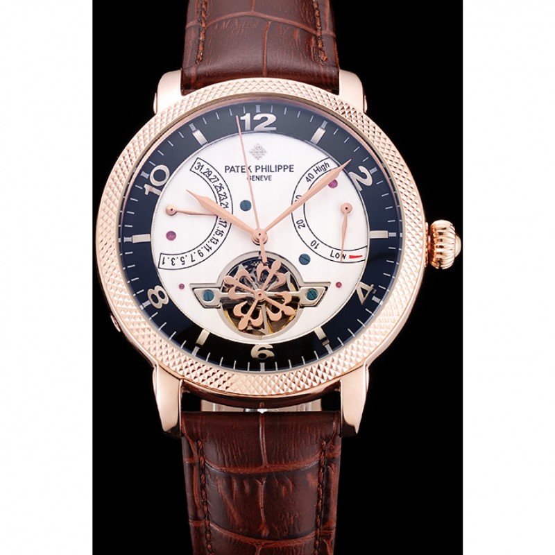 Patek Philippe Classic Tourbillon Power Reserve Black And White Dial Rose Gold Case Brown Leather Strap-1