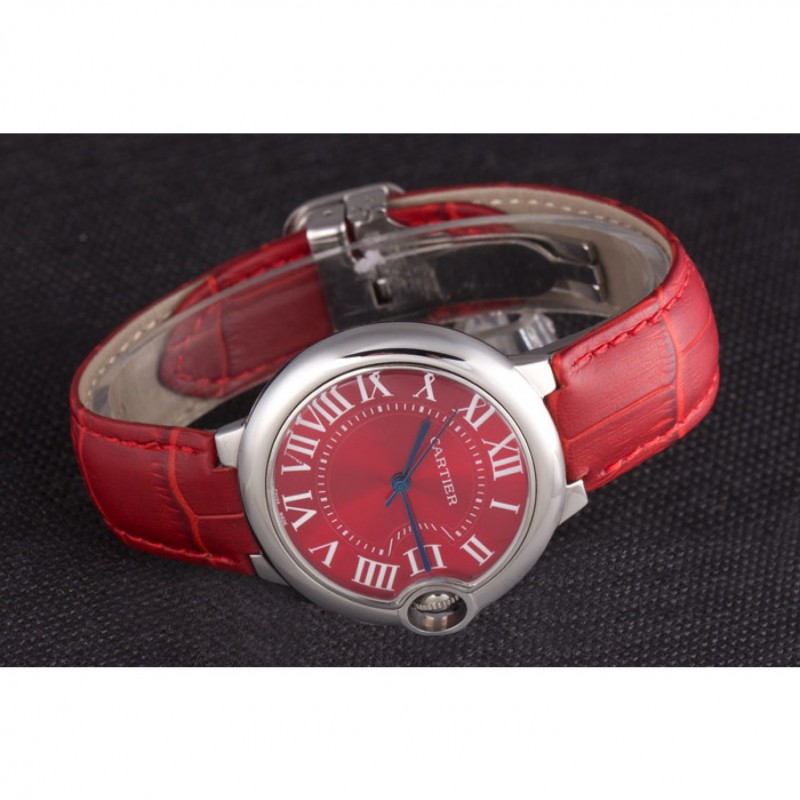 Luxury Replica Watches Cartier Ballon Bleu Silver Bezel with Red Dial and Red Leather Band 621556-3