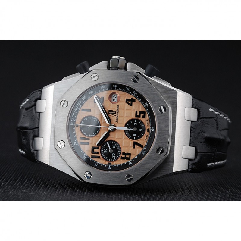 Swiss Audemars Piguet Royal Oak Offshore Gold Dial Stainless Steel Case Black Leather Strap 622849-4