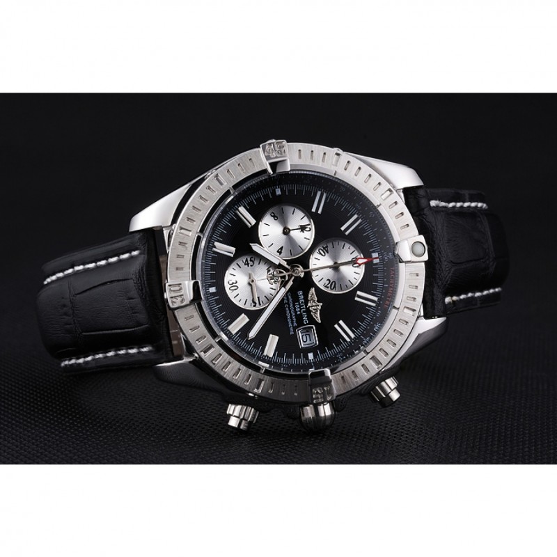 Breitling Chronomat 13 Stainless Steel Case Black Dial Black Leather Bracelet 622237-4