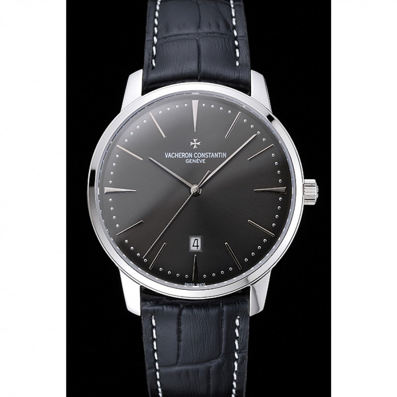 Swiss Vacheron Constantin Patrimony Grey Dial Silver Case Black Leather Bracelet 1454160-1