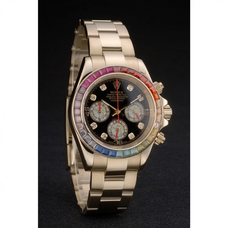 Best Replica Watches Rolex Daytona Cosmograph Rainbow Crystals Bezel Rose Gold Strap Black Dial 80251-2