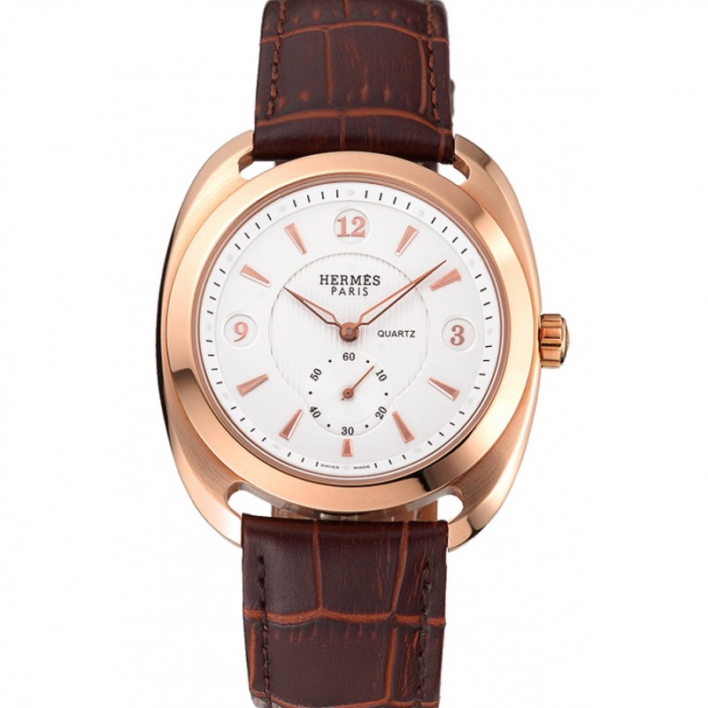 Hermes Dressage White Dial Rose Gold Case Brown Leather Strap-0