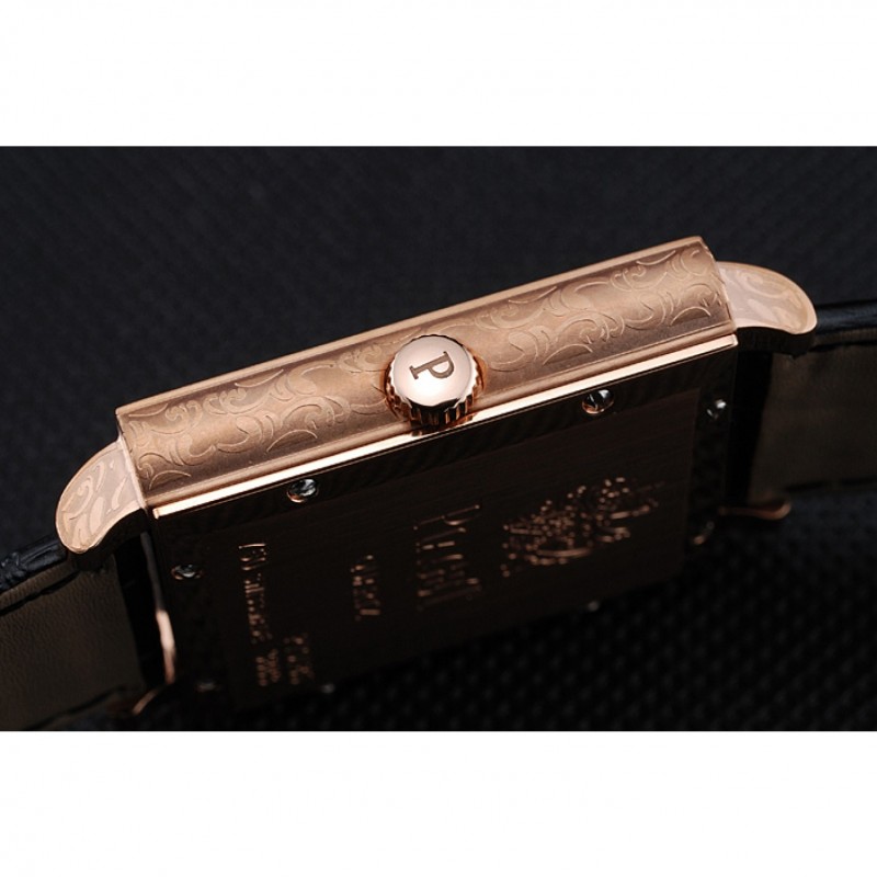 Piaget Emperador Limited Edition Black Dial Engraved Gold Case Black Leather Bracelet 1454137-8