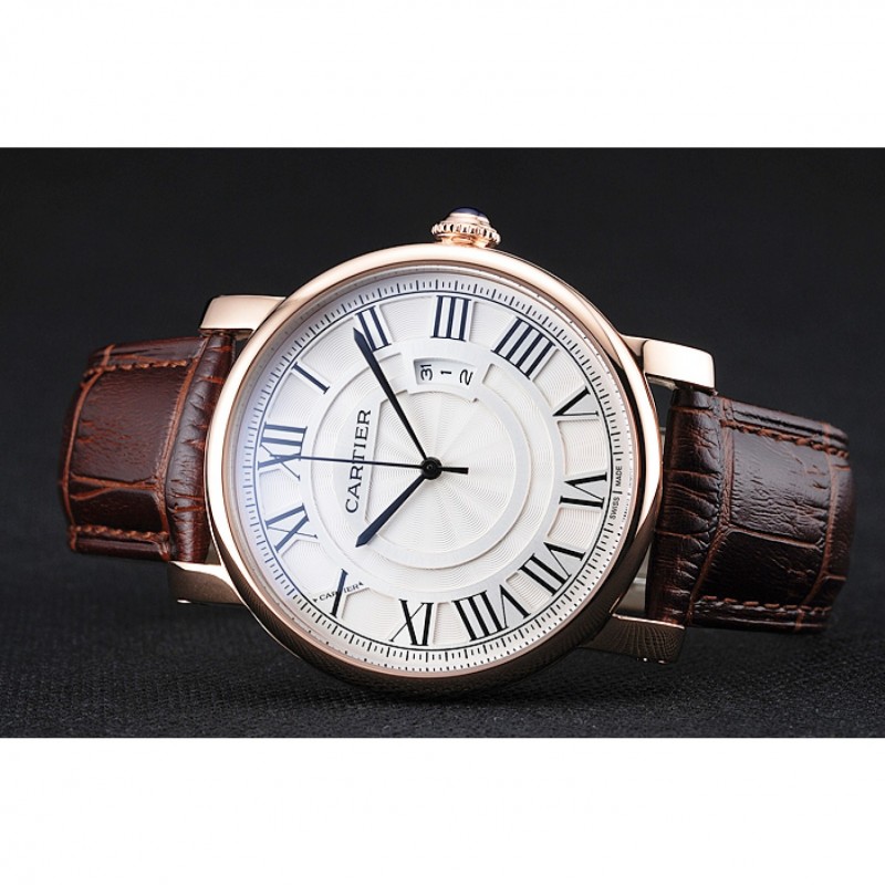 Cartier Rotonde White Dial Gold Case Brown Leather Bracelet 1454221-3