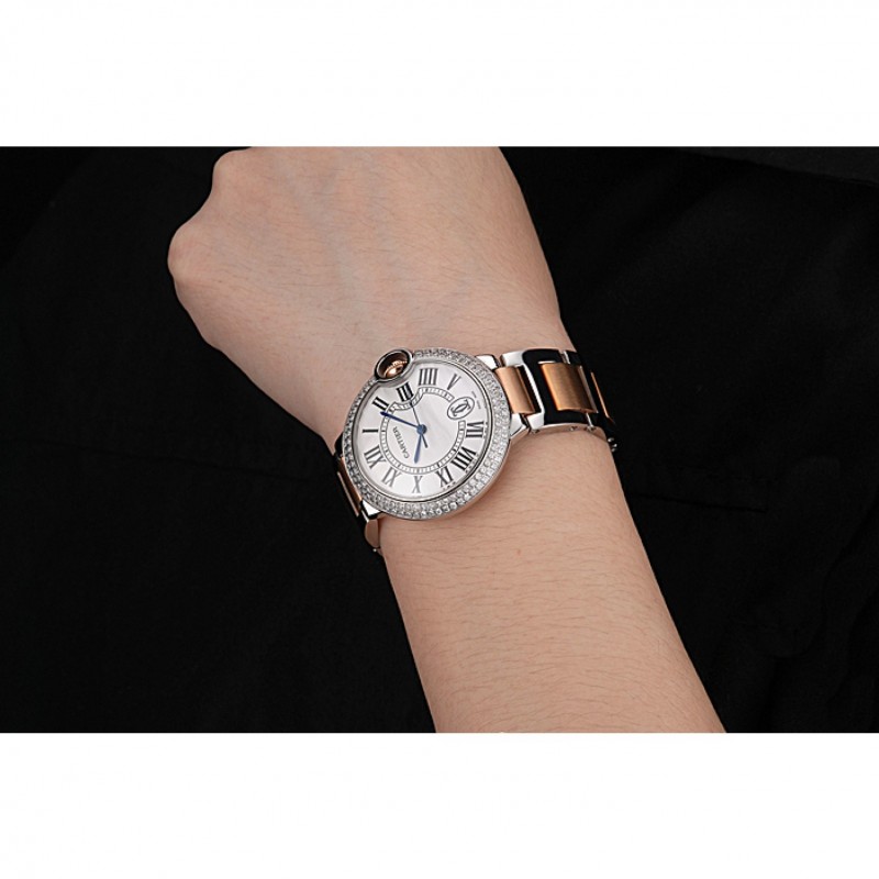 Swiss Ballon Blue De Cartier Diamond Steel Case White Dial Roman Numerals Two Tone Bracelet 622647-7