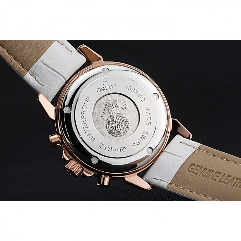 High Quality Replica Watches Omega Speedmaster Chronograph White Dial Gold Diamond Case White Leather Bracelet 622455-7