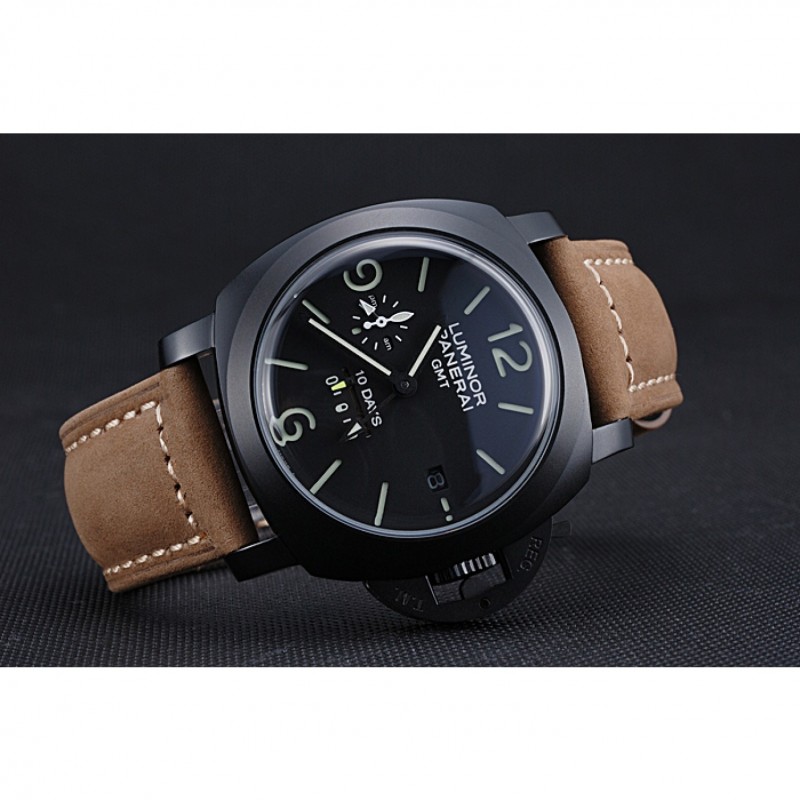 High End Replica Watches Panerai Luminor GMT Ion Plated Stainless Steel Bezel Khaki Leather Bracelet 622315-3