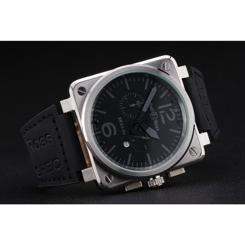 Cheap Bell and Ross BR 03-94 Black Dial Silver Case Black Leather Strap-4