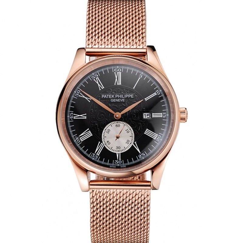 AAA Patek Philippe Calatrava Small Seconds Black Engraved Dial Rose Gold Case And Bracelet-0