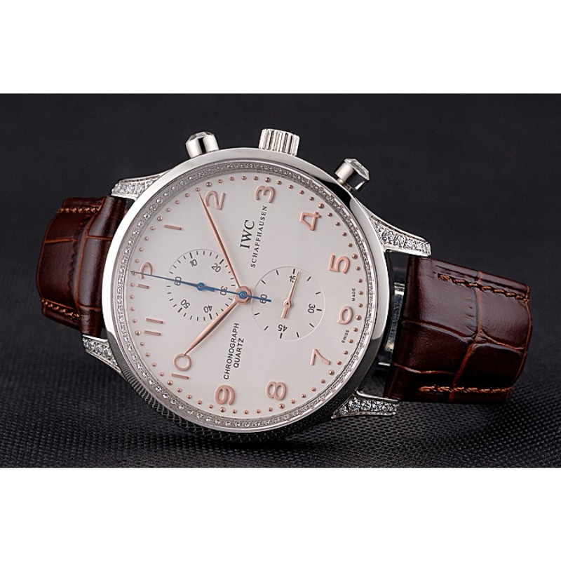 IWC Portugieser Chronograph White Dial Rose Gold Hands And Numerals Steel Case With Diamonds Brown Leather Strap-3