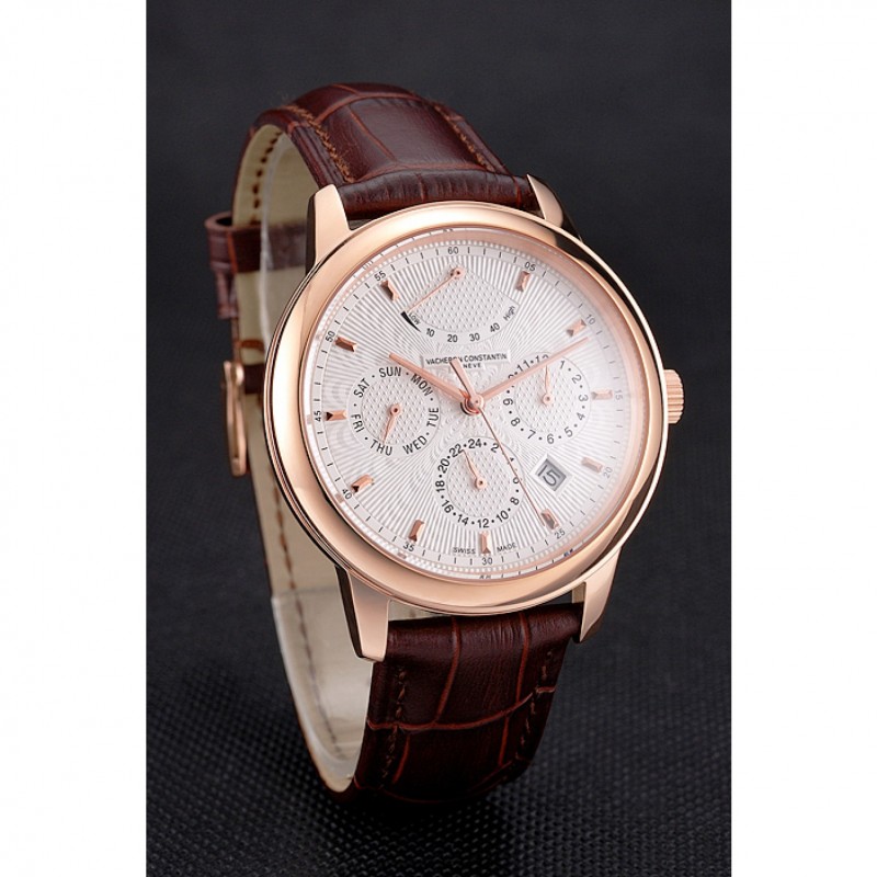 Swiss Vacheron Constantin Traditionnelle Power Reserve White Dial Rose Gold Case Brown Leather Strap-2