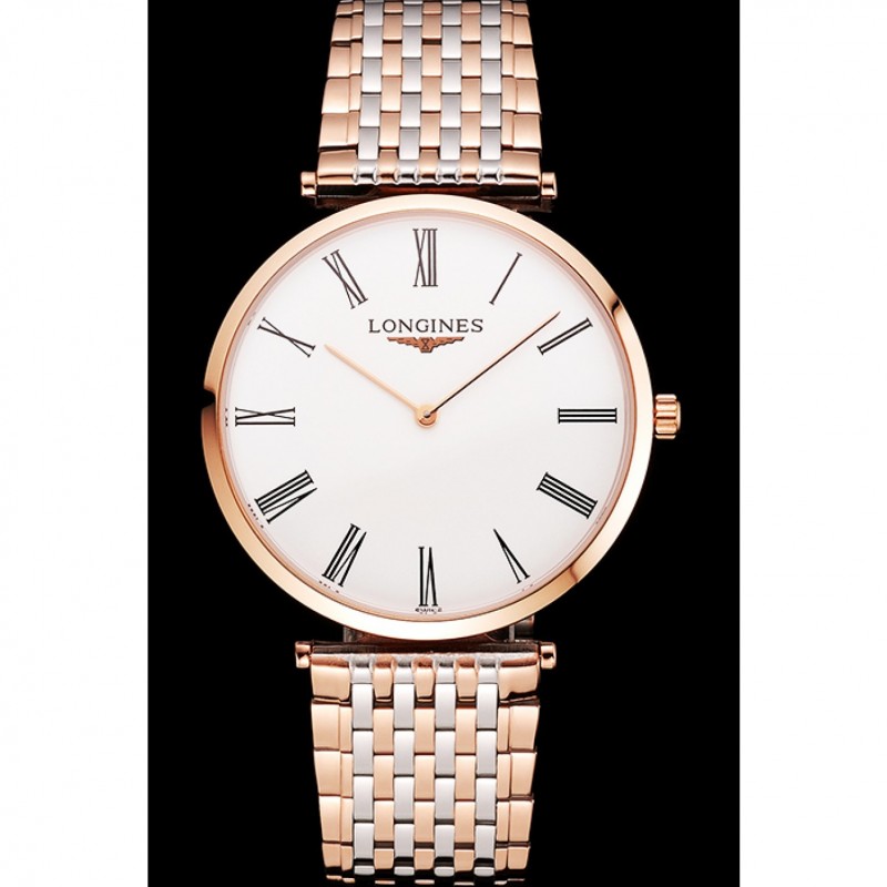 Swiss Longines Grande Classique White Dial Roman Numerals Rose Gold Case Two Tone Bracelet-1