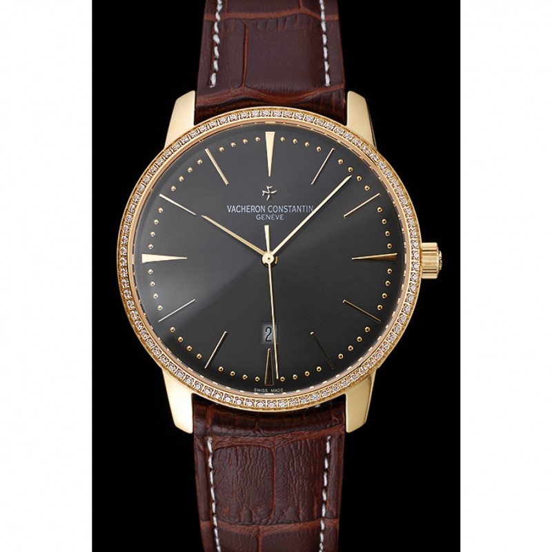 Swiss Vacheron Constantin Patrimony Grey Dial Gold Diamonds Case Brown Leather Bracelet 1454182-1