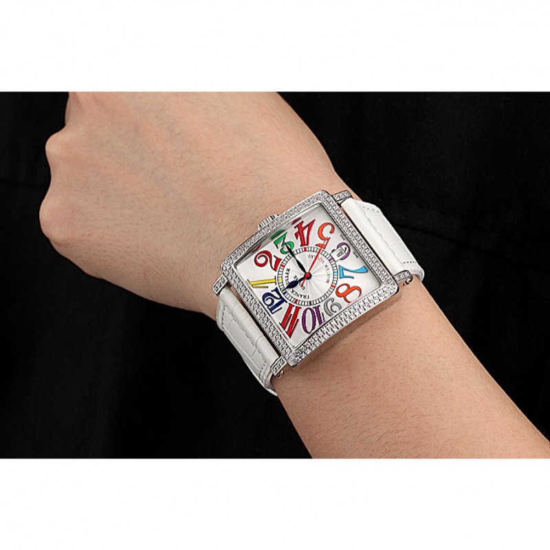 Franck Muller Master Square Color Dreams Diamonds Case White Leather Band 622356-8