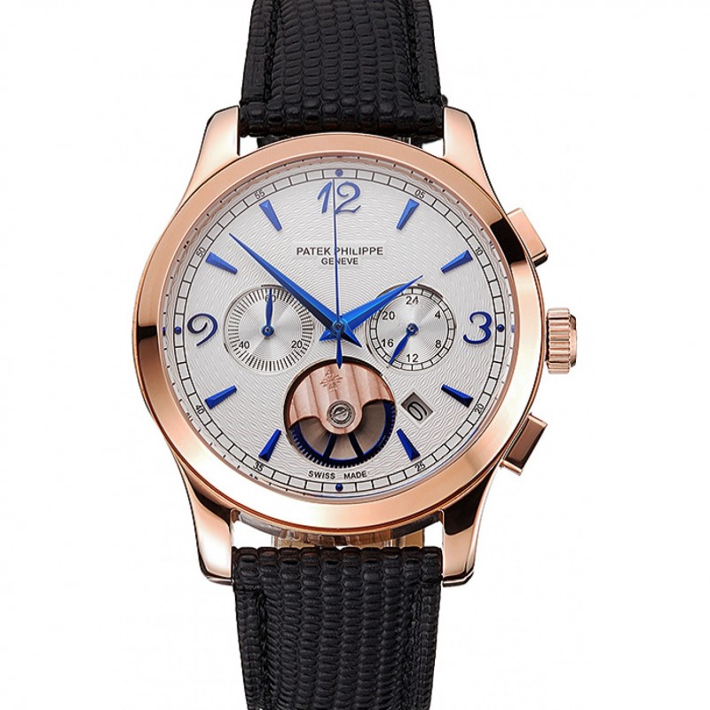 Patek Philippe Chronograph White Guilloche Dial Rose Gold Case Black Leather Strap-0