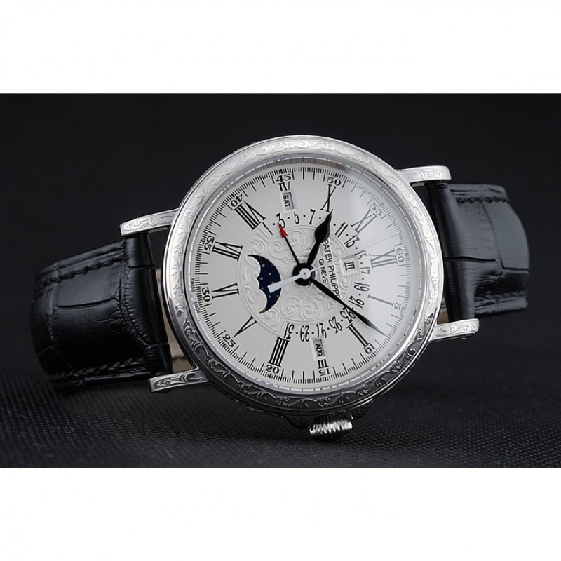 Patek Philippe Perpetual Calendar Retrograde Date White Dial Engraved Silver Case Black Leather Bracelet 1454147-3