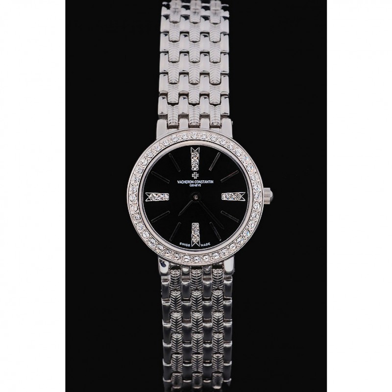 SS Replica Watches Vacheron Constantin Patrimony Traditionnelle Diamond Black Dial Stainless Steel Bracelet-1