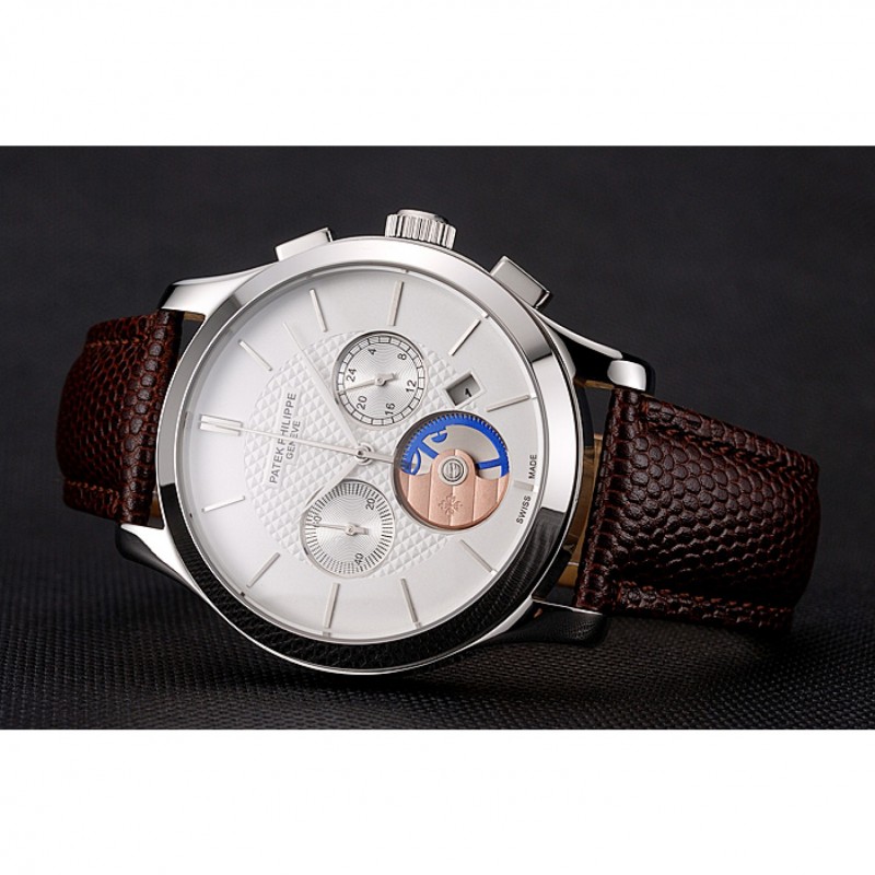 Patek Philippe Chronograph White Dial Stainless Steel Case Brown Leather Strap-4