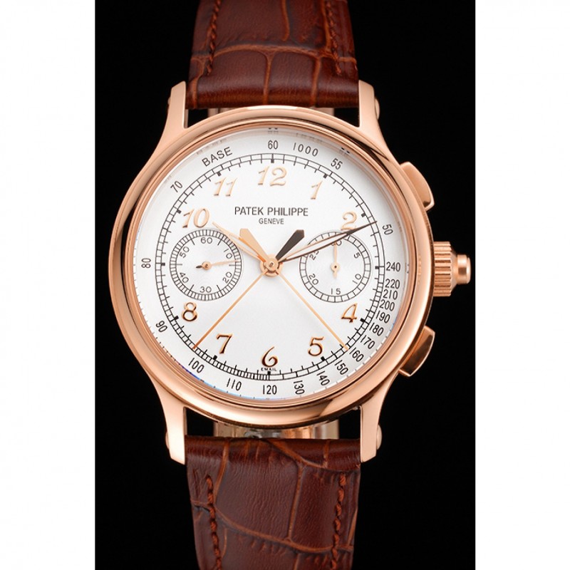 Swiss Patek Philippe Split Seconds Chronograph White Dial Rose Gold Case Brown Leather Strap-1