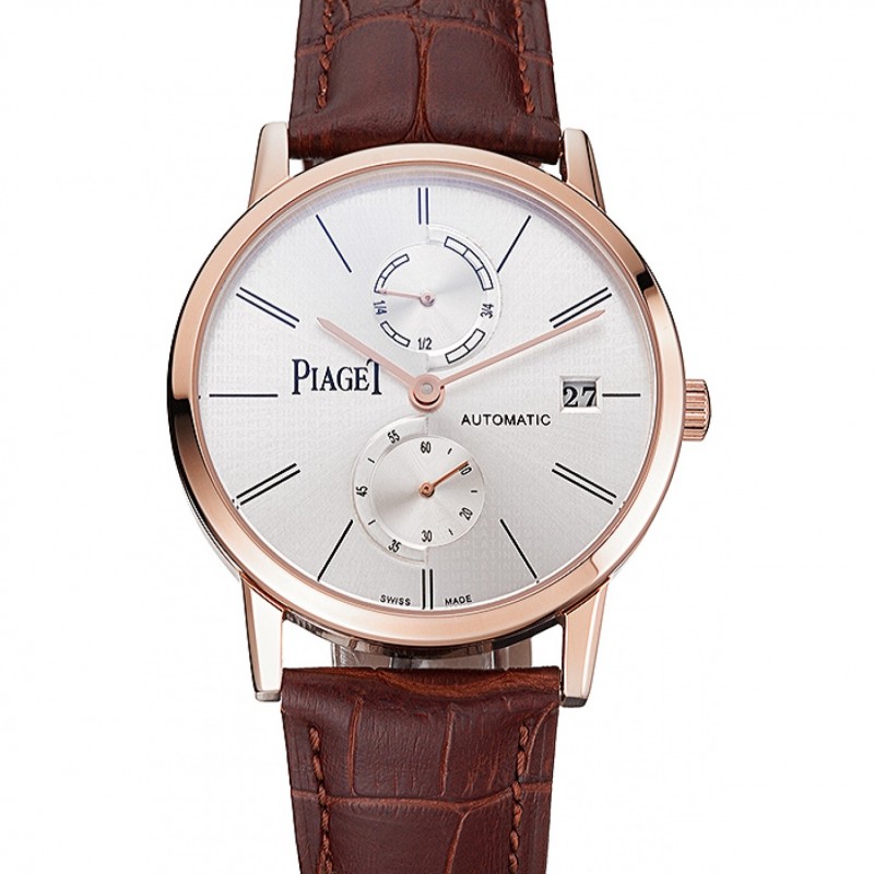 High Quality Piaget Altiplano Date Silver Dial Rose Gold Case Brown Leather Strap-0
