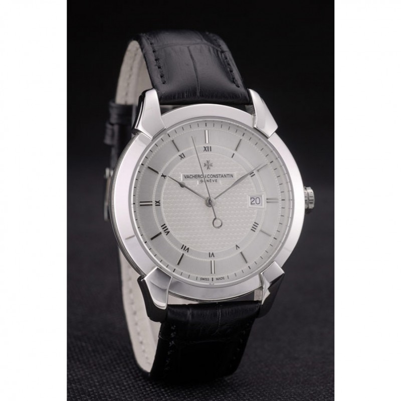 Swiss Vacheron Constantin Traditionnelle White Dial Roman Numerals Black Leather Bracelet-2