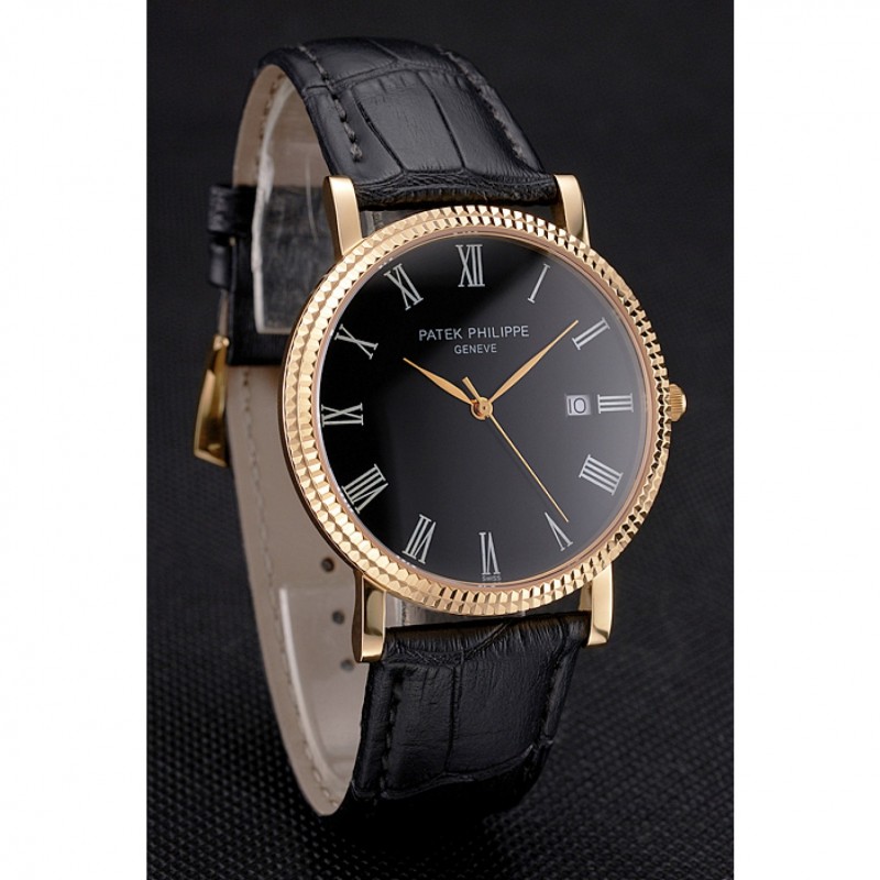Patek Philippe Calatrava Black Dial Roman Numerals Ribbed Bezel Gold Case Black Leather Strap-2