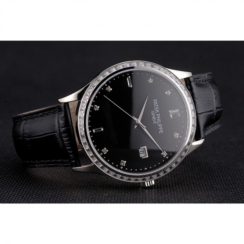 Best Replica Watches Swiss Patek Philippe Calatrava Black Dial Diamond Bezel Stainless Steel Case Black Leather Strap-4